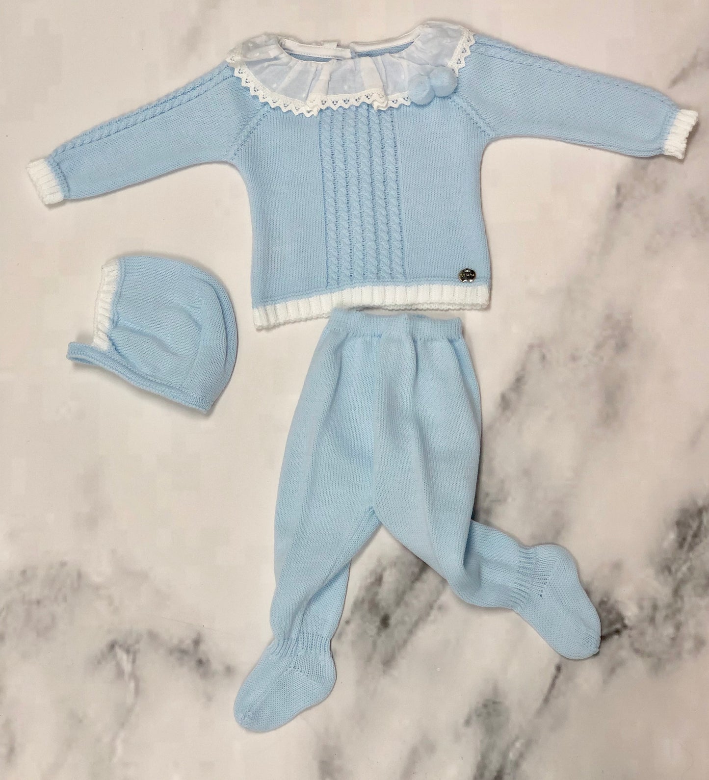 BABY KNITTED SET IN LIGHT BLUE WITH LACE DETAILS IN WHITE