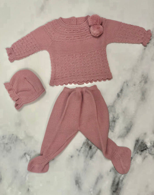 CABLE-KNIT BABY KNITTED SET IN DUSTY PINK