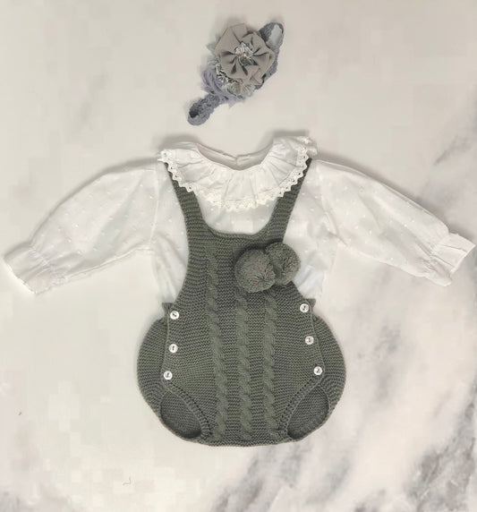 BABY KNITTED GREY ROMPER SET WITH WHITE TOP