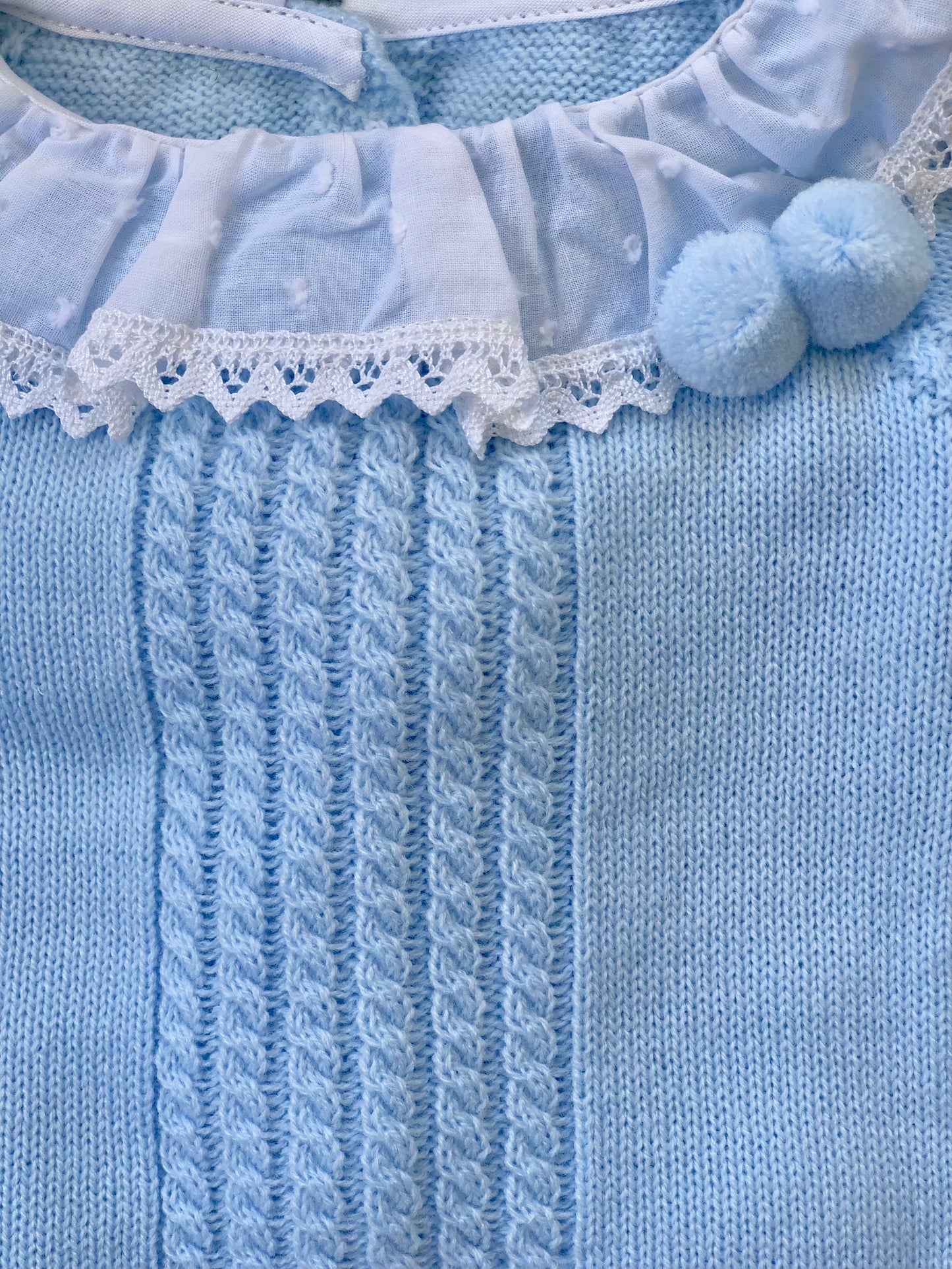 BABY KNITTED SET IN LIGHT BLUE WITH LACE DETAILS IN WHITE