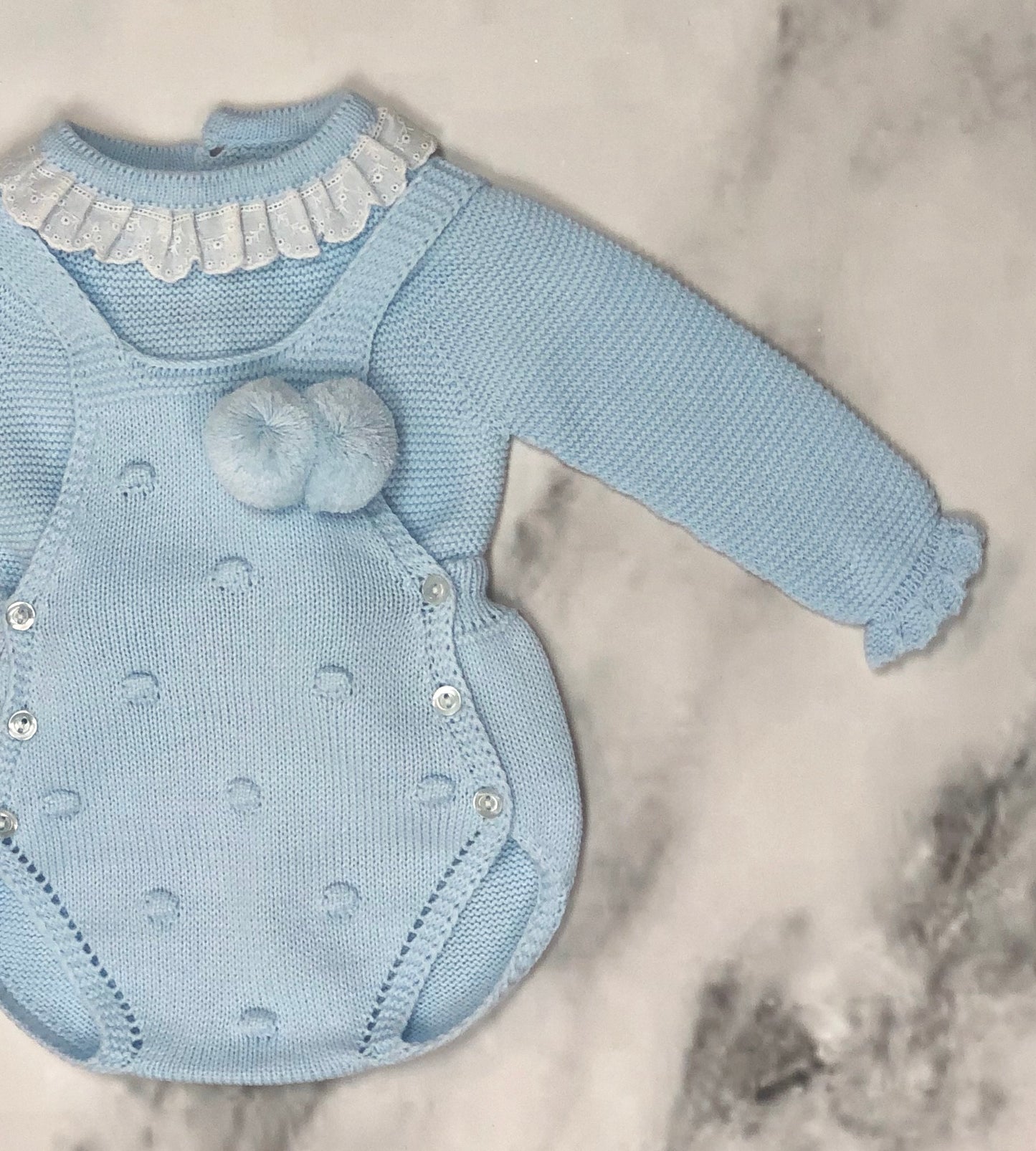 BABY BLUE KNITTED ROMPER SET WITH LACE DETAILS