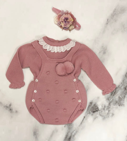 BABY KNITTED DUSTY PINK ROMPER SET WITH LACE DETAILS